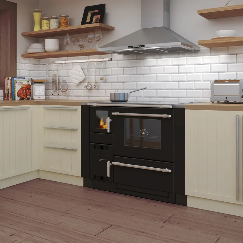 Wamsler K 139 F Cuisinière à bois à gauche noir avec plaque vitrocéramique, raccordement par le haut
