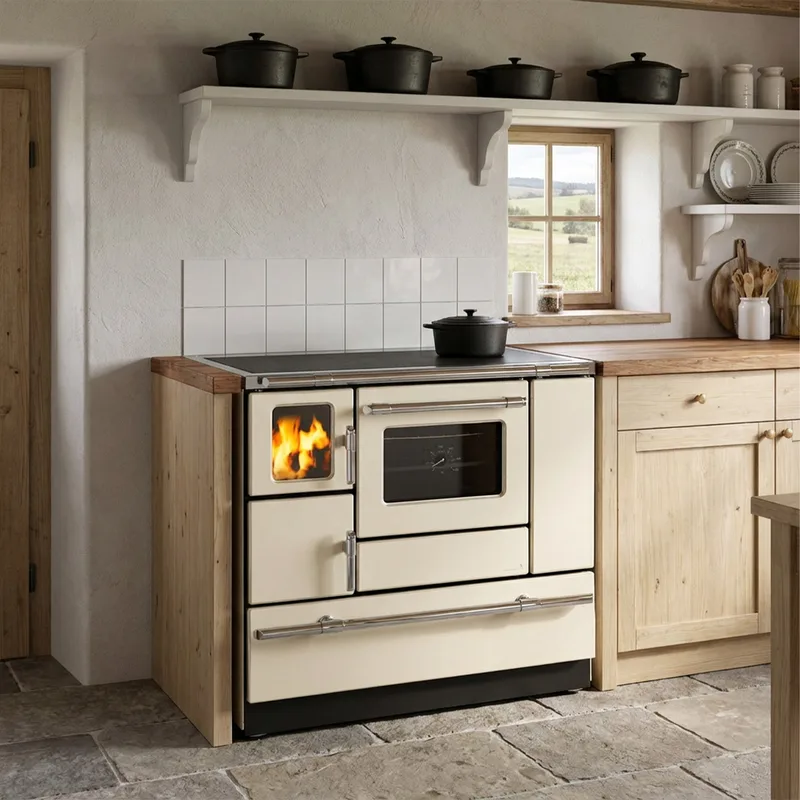 Wamsler K 138 F Cuisinière à bois à droite crème beige avec plaque vitrocéramique