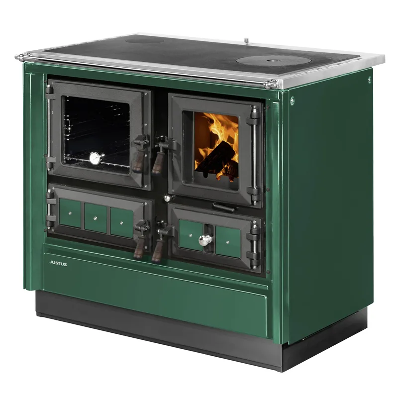 Justus Rustico-90 2.0 Cuisinière à bois en acier vert, four à gauche