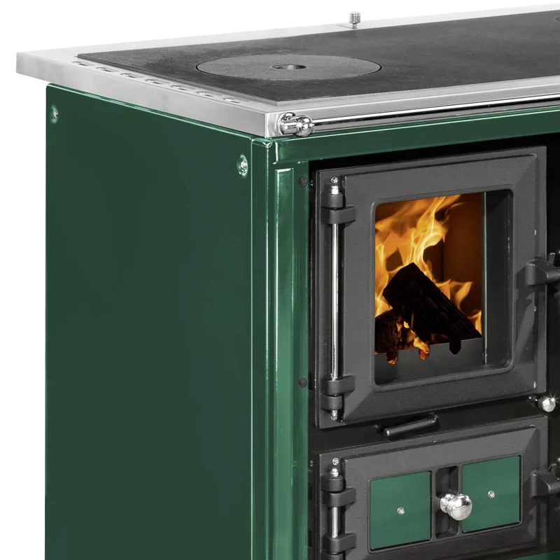 Justus Rustico-90 2.0 Poêle à bois en acier vert, four à droite