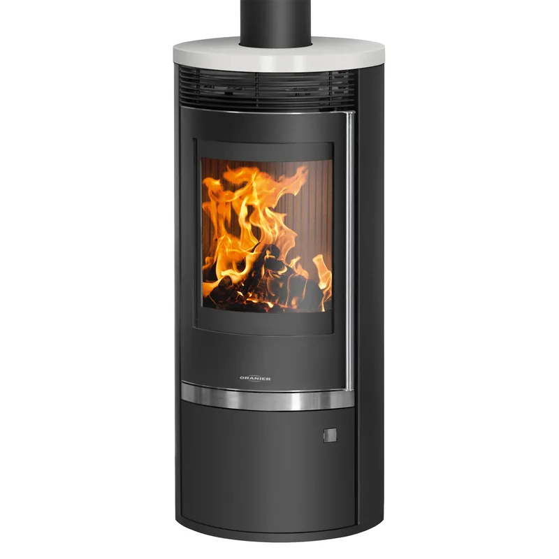 Oranier Rota Top 2.0 Poêle à bois en acier noir avec plaque de recouvrement en céramique blanc soie