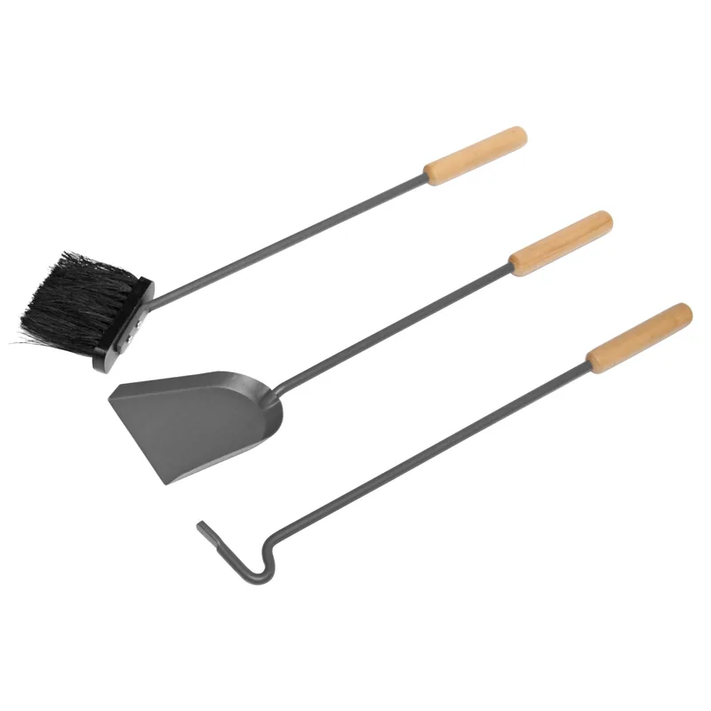 Raik Ensemble d'outils de cheminée Otto, 3 pièces, gris, poignées en bois, 64 cm.