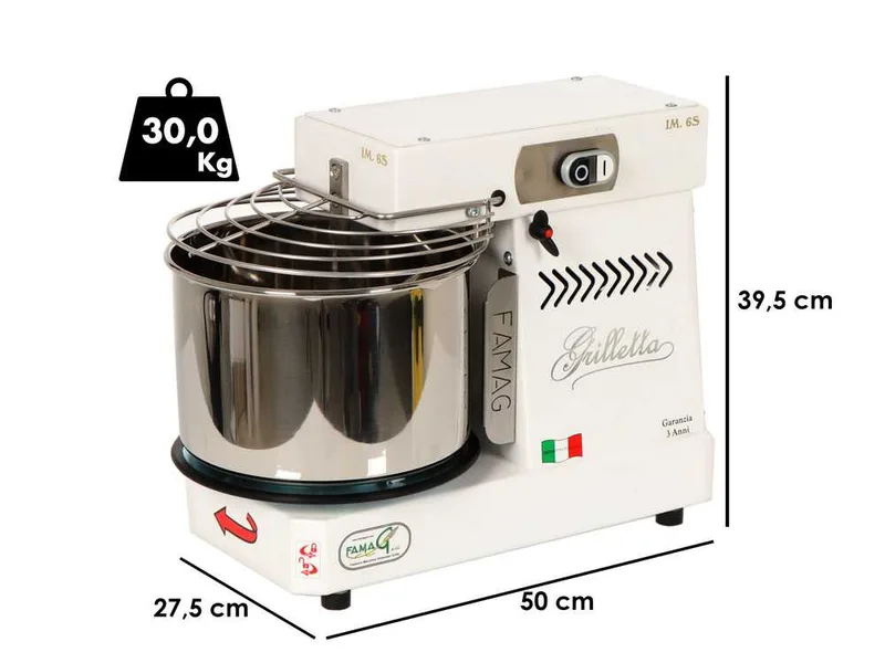Pétrin à spirale Famag Grilletta IM 6 S - Tête basculante - Capacité cuve 6 Kg 11 litres