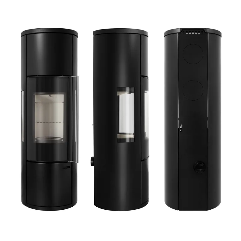 Schmitzker Fisterra Vista Heat poêle à bois en acier noir, avec vitrage sur trois côtés.