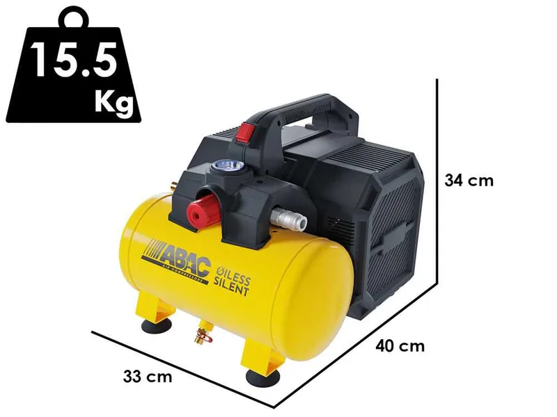 ABAC Start Xt Sil 07 Yellow - Compresseur d'air électrique portable monophasé silencieux, oil-less - Moteur 0,75 CV - 6 L