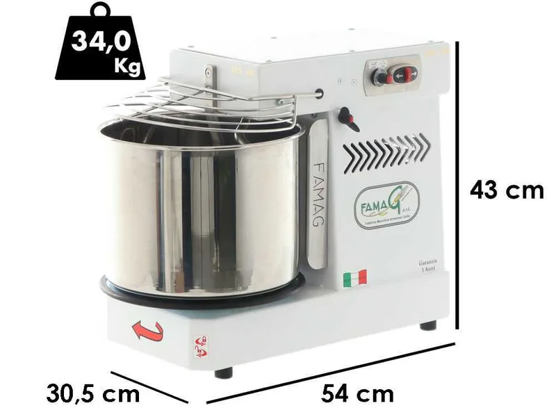 Pétrin à spirale basculante Famag Grilletta IM 10S HH haut niveau d'hydratation - 10 vitesses - Capacité de la cuve 10 Kg 13 litres