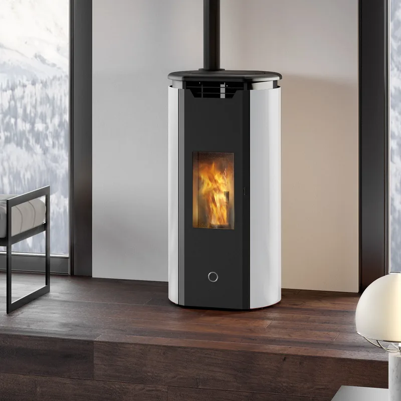 EK63 Tweed 90+ Evo Poêle à granulés blanc sortie fumées dessus
