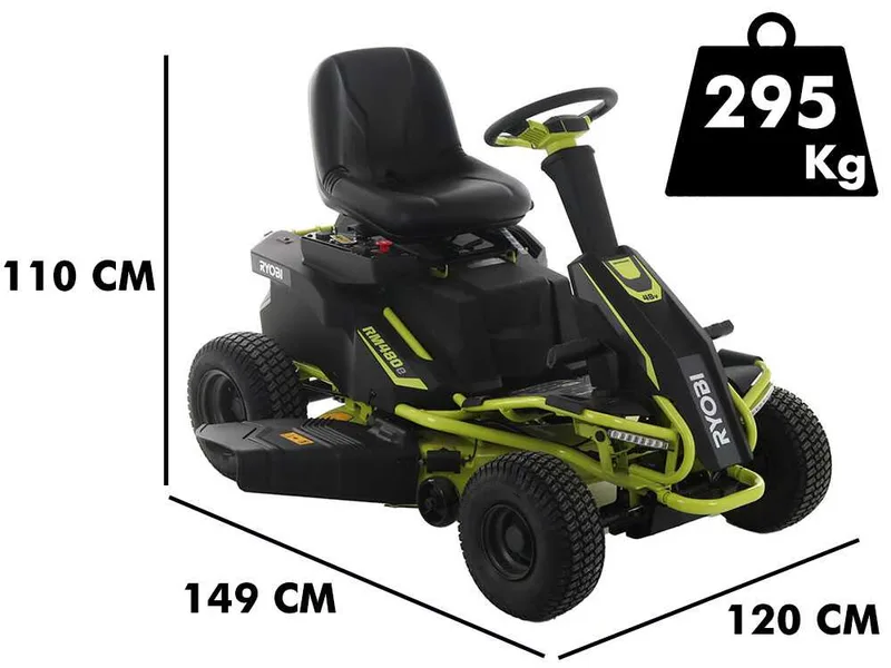 Tracteur tondeuse à batterie Ryobi RM480E - Coupe mulching - Éjection latérale - 4 x 12V au plomb liquide