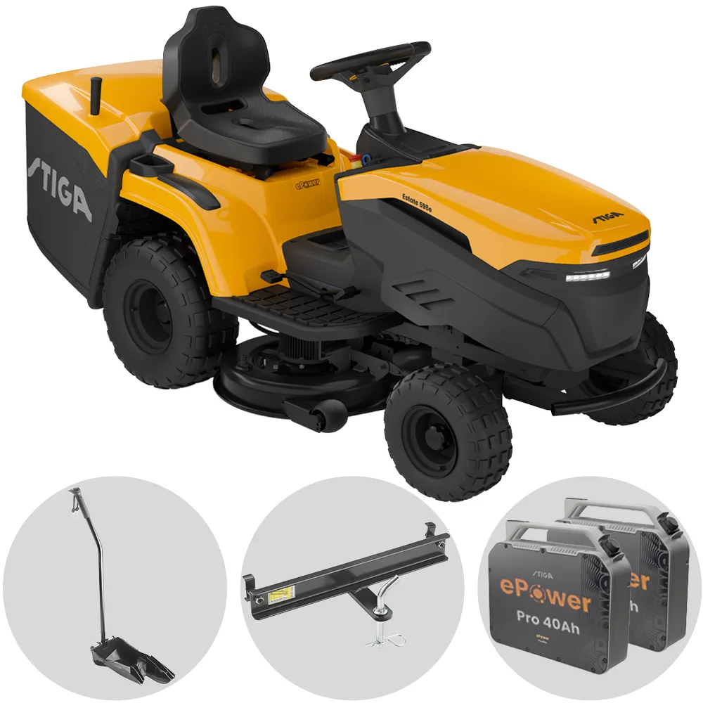Stiga Estate 598e - Kit tracteur tondeuse avec 2 modules de batterie ePower Pro 56 V/40 Ah - Bac de ramassage et mulching