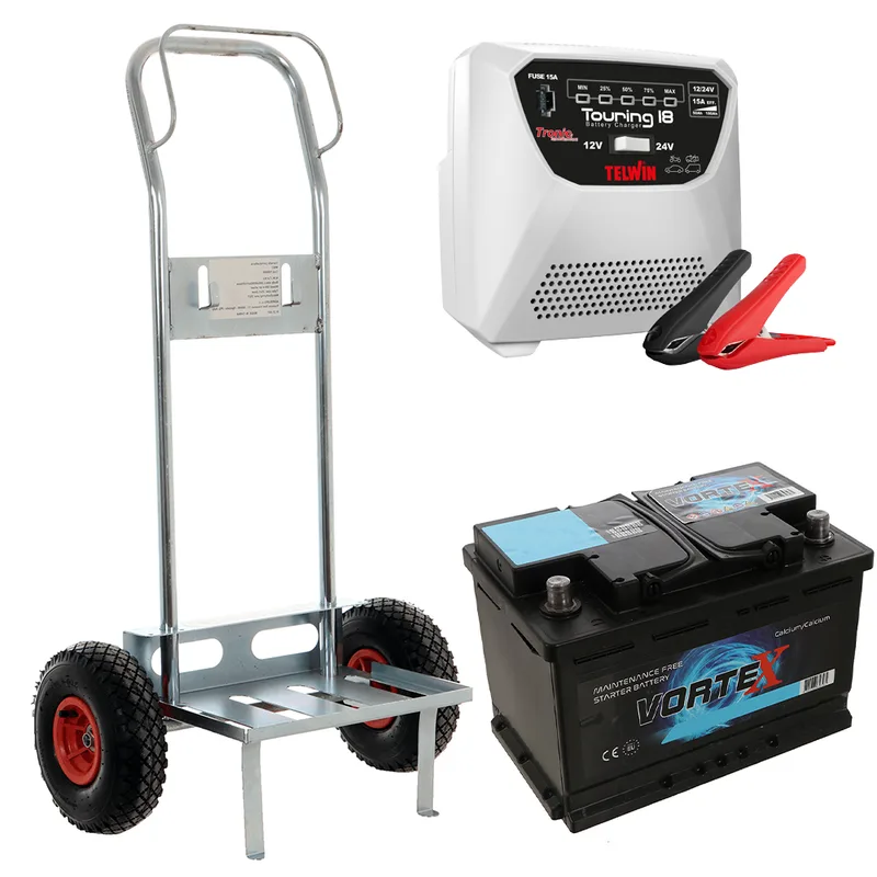 Set completo: carrello porta batteria Geotech + batteria 50 ah + caricabatteria Telwin Touring 18