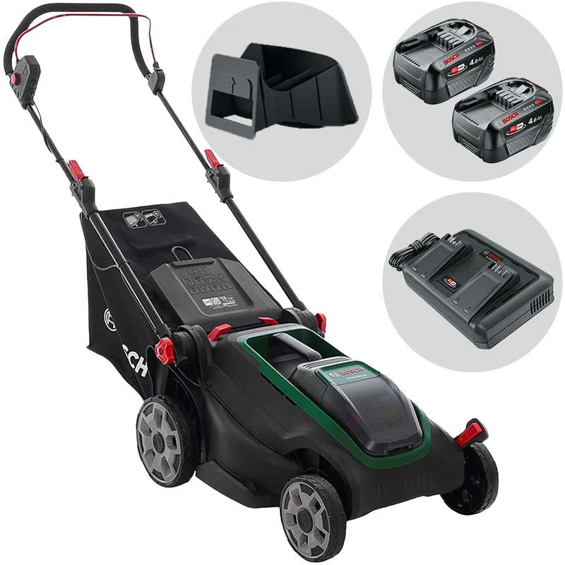 Bosch Rotak18V2-43 - Tondeuse à gazon sans fil - 2X18 V/4 Ah - Largeur de coupe 43 cm
