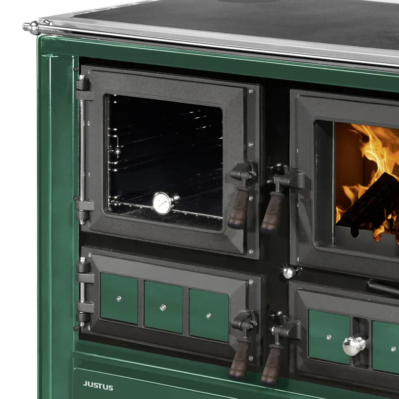 Justus Rustico-90 2.0 Cuisinière à bois en acier vert, four à gauche