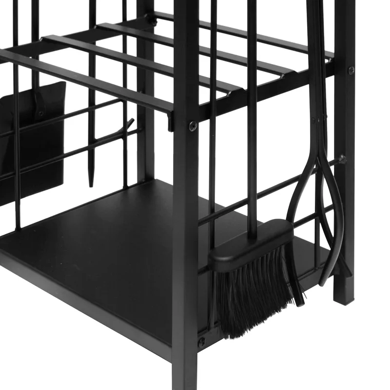 Raik Étagère à bois & Ensemble d'accessoires de cheminée Wilhelm, 4 pièces, noir, 74 cm