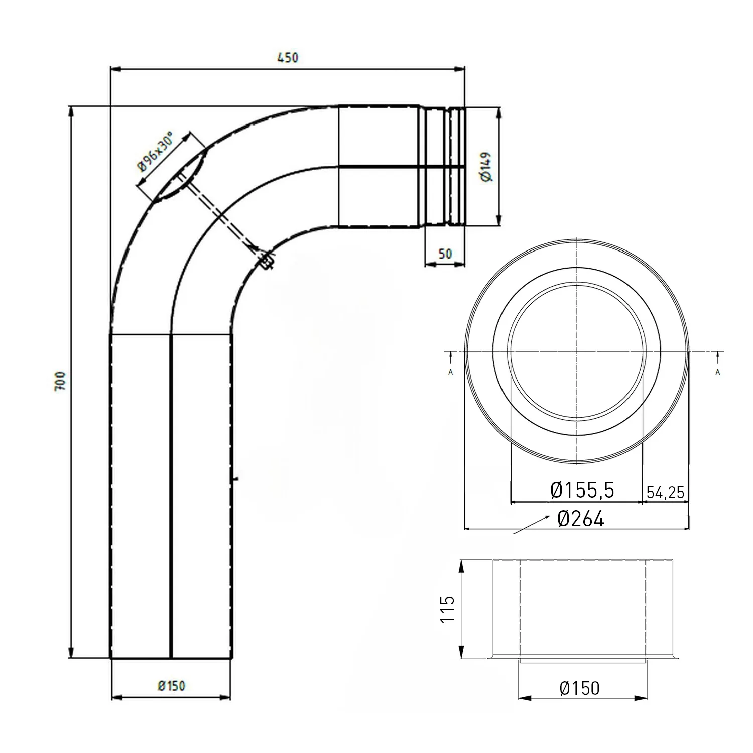 Raik set WBG LS diamètre 150/90° 2,00mm lisse 700/450 avec porte intégrée gris