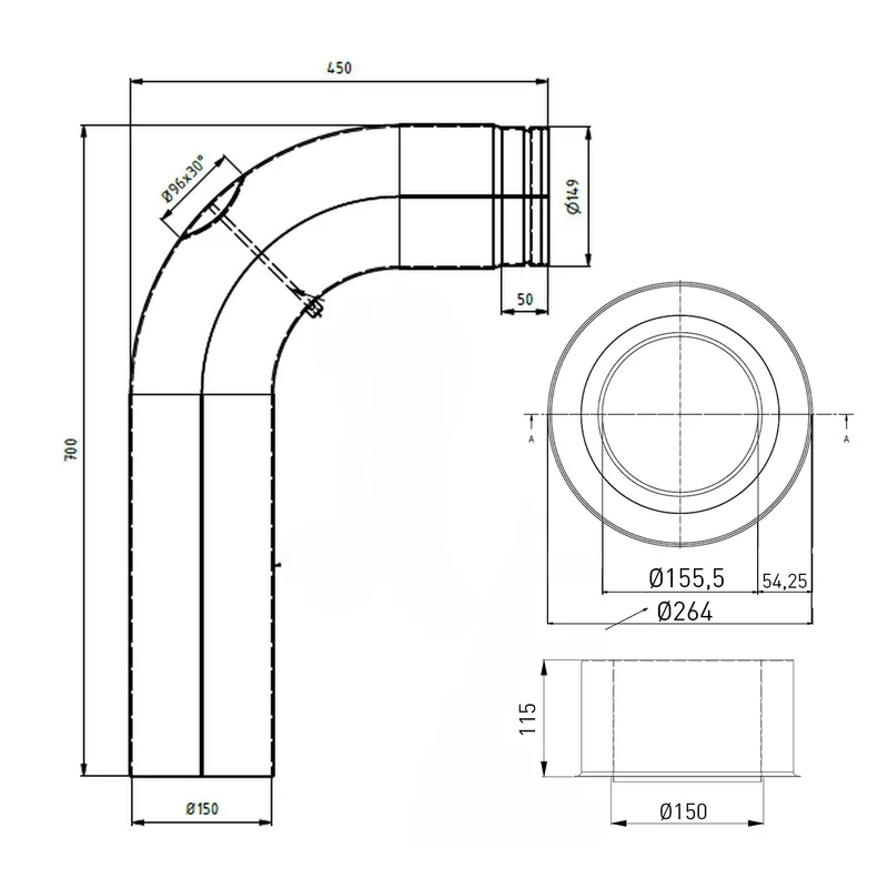 Raik set WBG LS diamètre 150/90° 2,00mm lisse 700/450 avec porte intégrée gris
