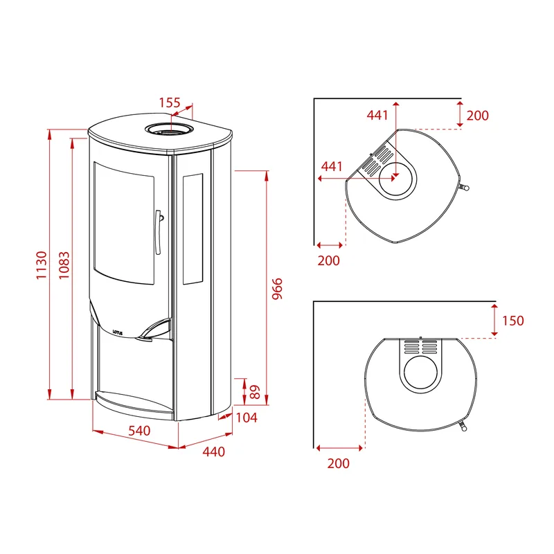 Lotus Prio 6 Poêle à bois Gris/ Pierre ollaire / Verre latéral, RR arrière ou RR supérieur