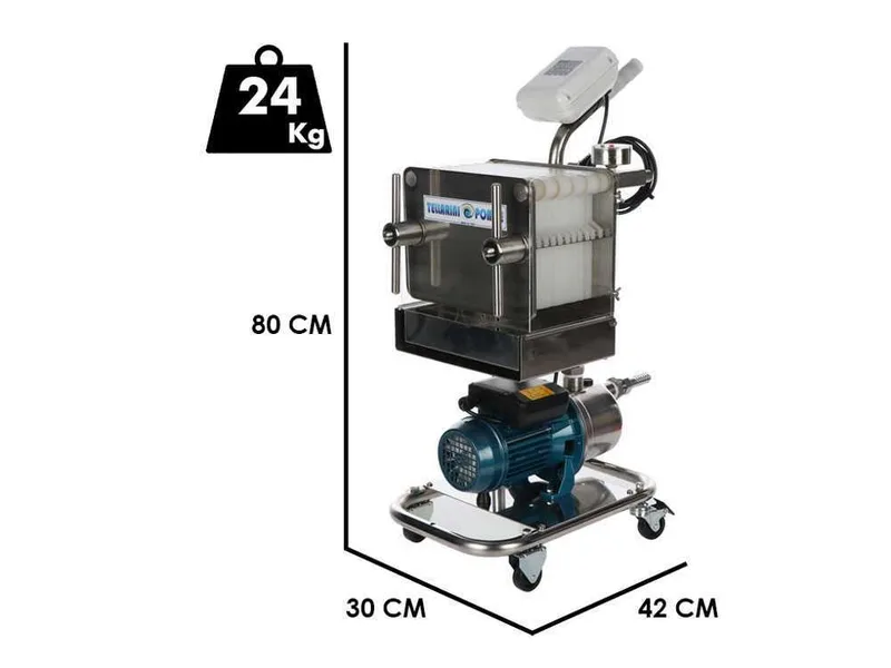 Tellarini CrystalPro Plus 10 - Filtre à plaques pour vin sur chariot - Pompe INOX
