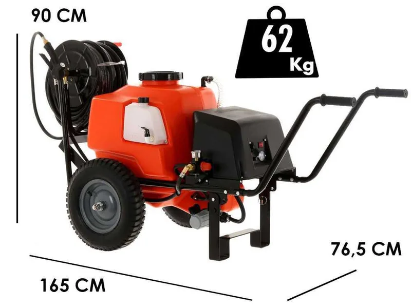 Pompe de pulvérisation à batterie Stocker 12V de 80 l art. 303 - Pompe de pulvérisation électrique sur chariot avec barre de pulvérisation et crochet d'attelage