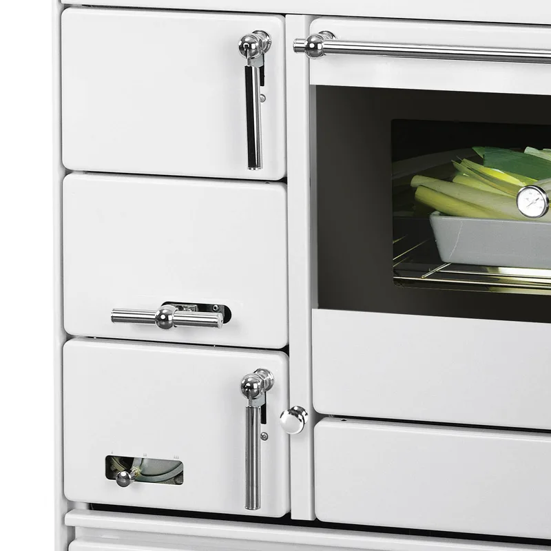 Justus Linz cuisinière à bois blanc chromé, droite