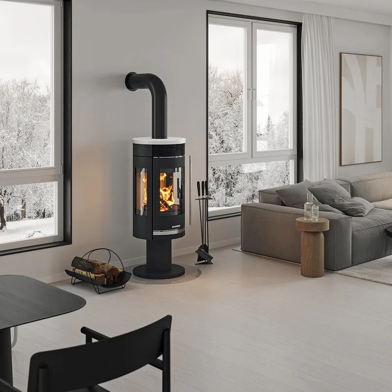 Poêle à bois Oranier Rota Twist en acier noir / Plaque supérieure en céramique blanc soie