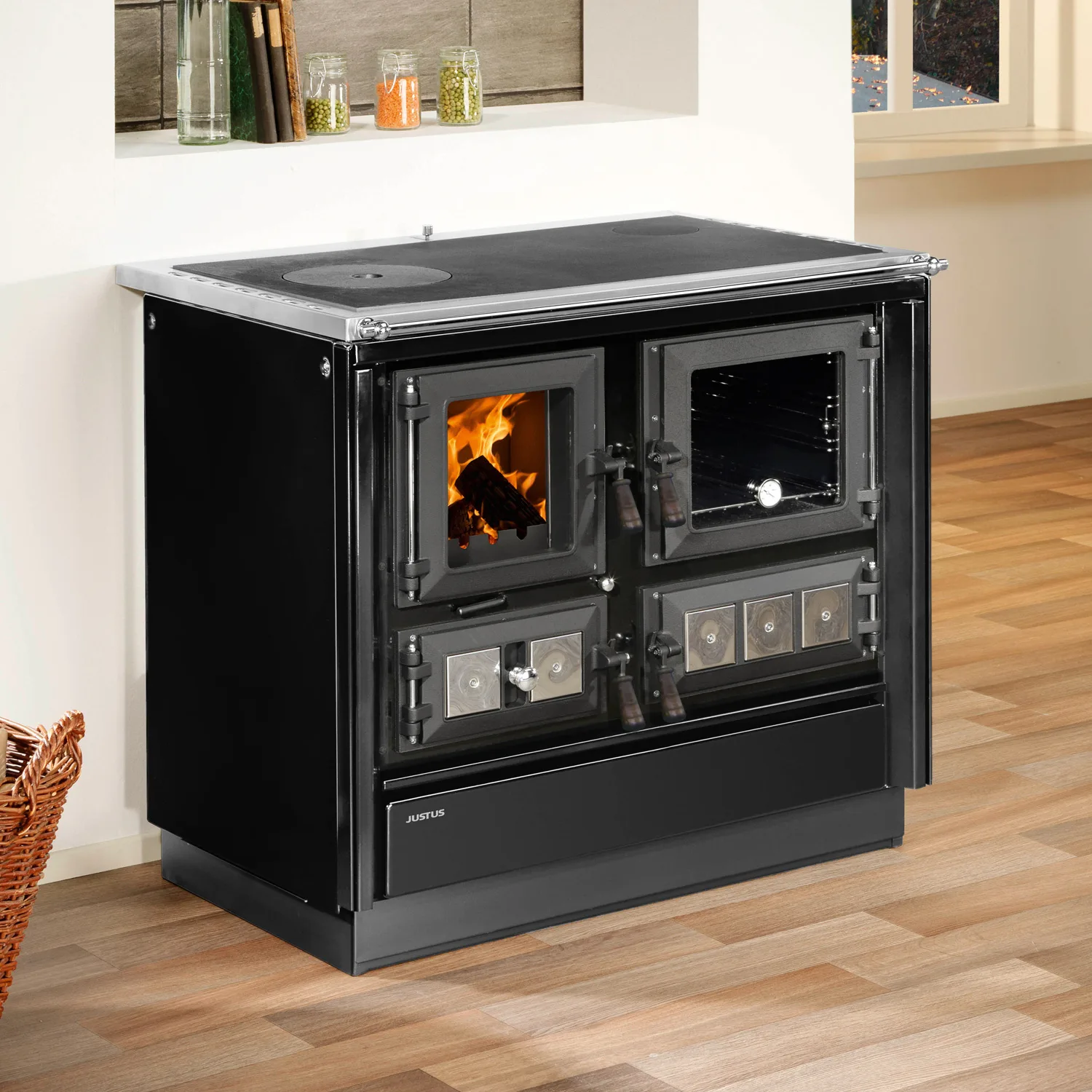 Justus Rustico-90 2.0 poêle de cuisine en acier noir, compartiment de cuisson à droite