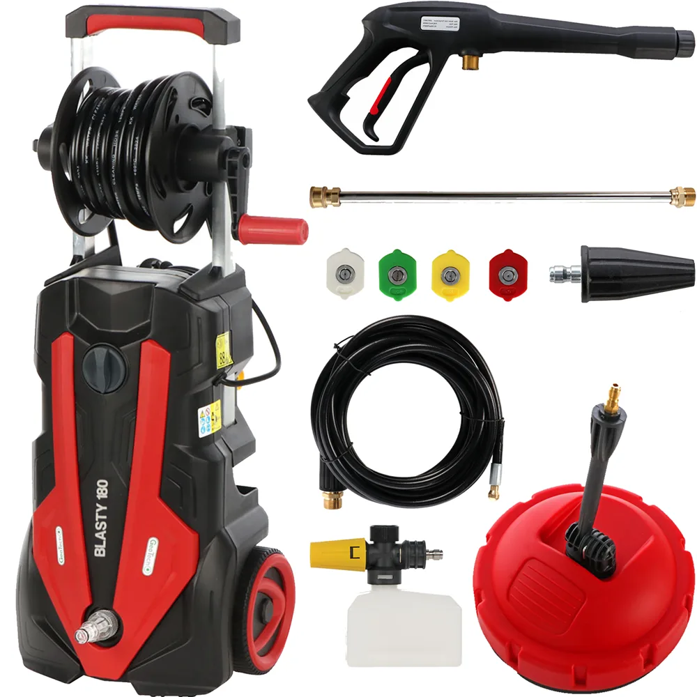 GeoTech Blasty 180 - Nettoyeur haute pression avec lance professionnelle + Kit patio et déboucheur - 180 bar - 450 l/h