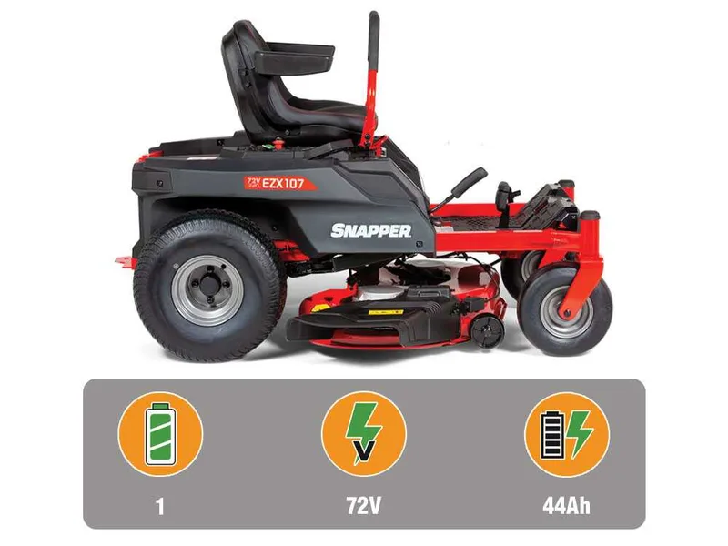 Snapper EZX107 - Tondeuse autoportée à batterie à rayon de braquage zéro - 72V/44Ah - Largeur de coupe 107 cm - 2 en 1