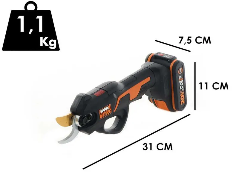 Worx NITRO WG330E - Sécateur de taille à batterie - 20V2Ah - Diamètre de coupe 25 mm