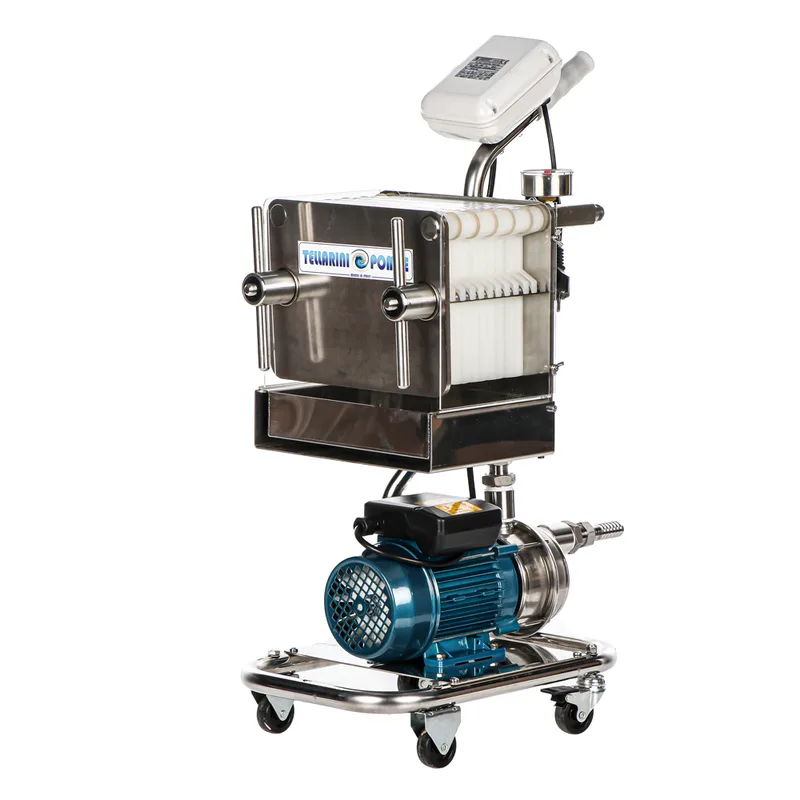 Tellarini CrystalPro Oil 20 - Filtre à plaques pour l'huile sur chariot - Pompe INOX