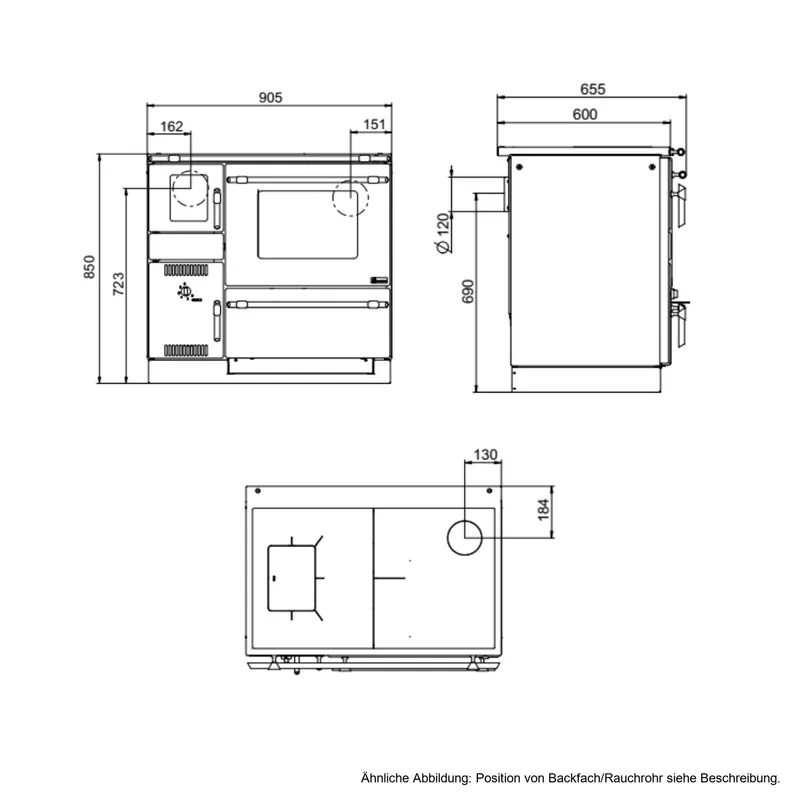 Wamsler K 139 F Cuisinière à bois à droite noir avec plaque vitrocéramique, raccordement par le haut