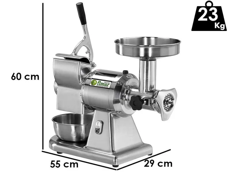 Fimar TC12T - Hachoir à viande électrique avec râpe intégrée - 230 V - 1 CV - Groupe de hachage en aluminium - Sans inverseur de marche