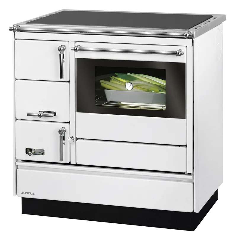 Justus Linz cuisinière à bois blanc chromé, droite