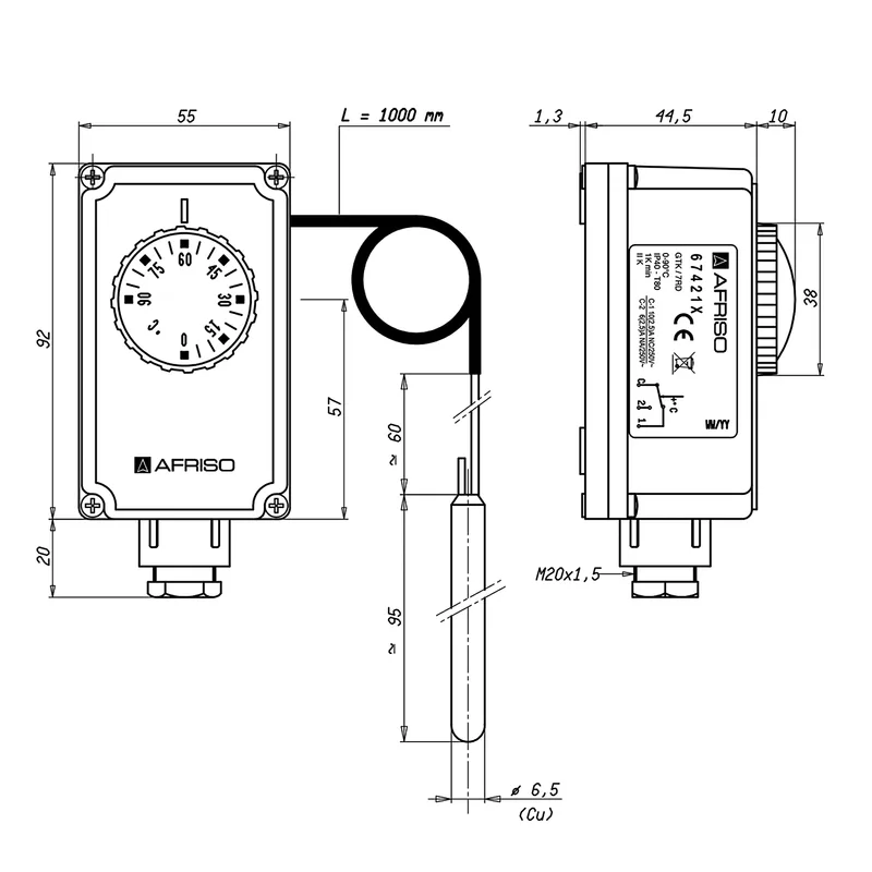 Afriso GTK Thermostat de boîtier avec capillaire 2000 mm, régulateur de température