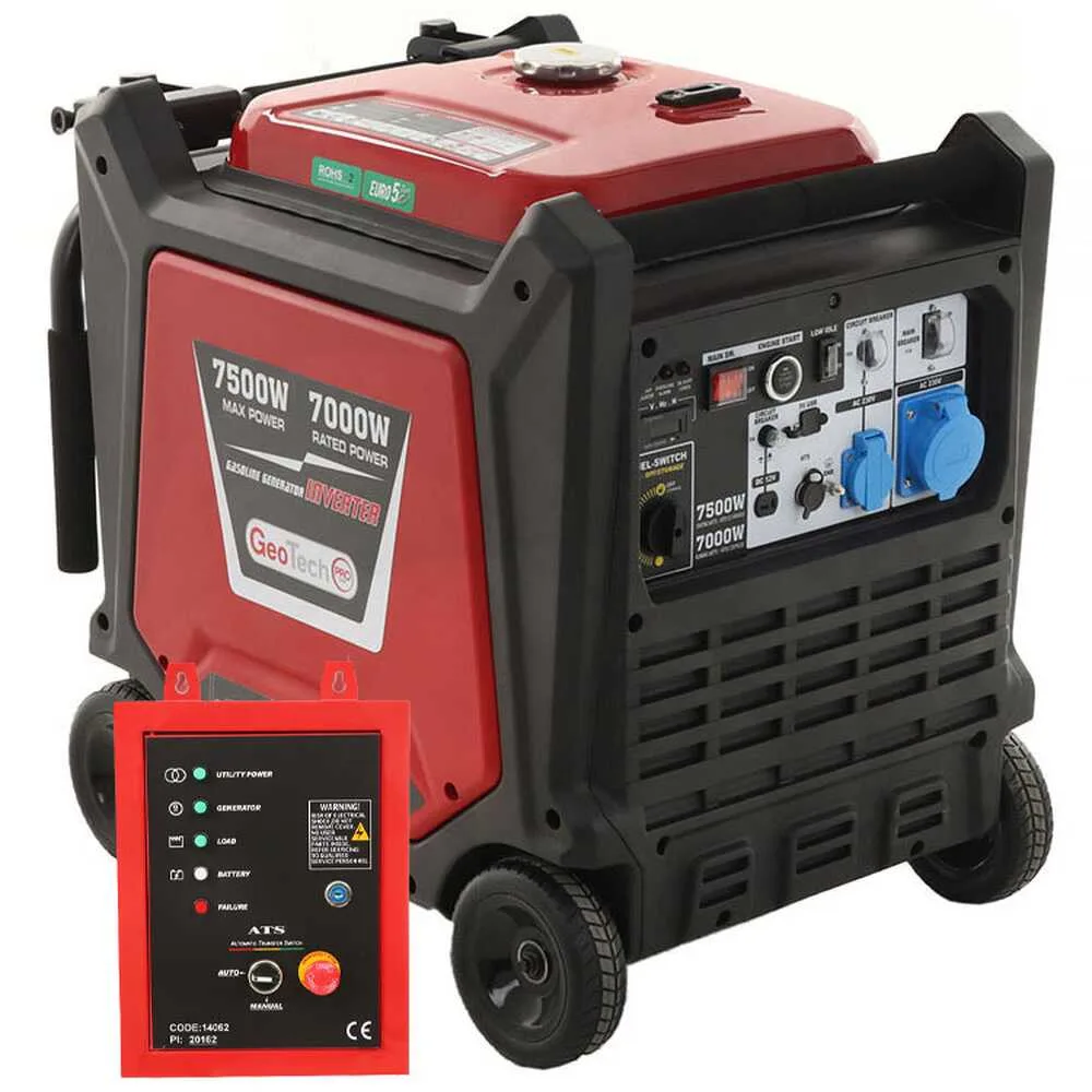 Geotech Pro PTGA 9000 - Groupe électrogène à essence sur roues inverter insonorisé 7.5 kW - Continue 7 kW Monophasé + ATS