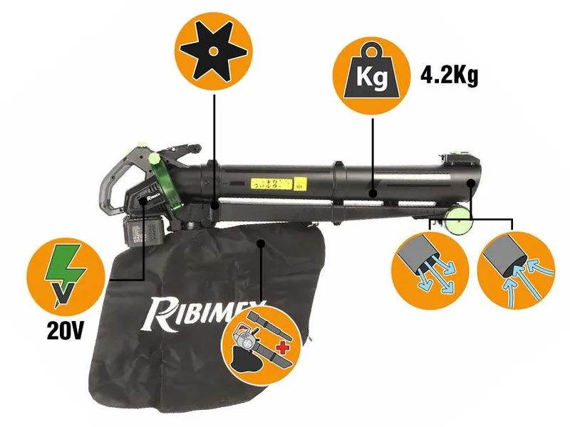 Ribimex PRBAT20-ASB1SB - Souffleur aspirateur à batterie 40 V 4 Ah
