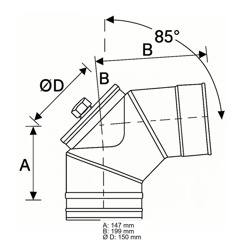 Schiedel PRIMA PLUS coude 85° Ø150 mm avec fermeture de révision pour huile/gaz simple paroi mat