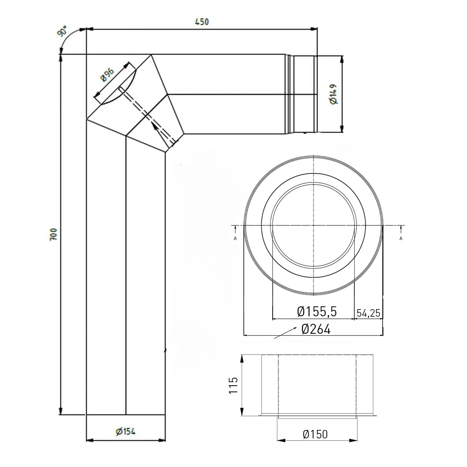 Raik set WBG LS diamètre 150/90° 2,00mm 3-pièces 700/450 avec porte intégrée gris