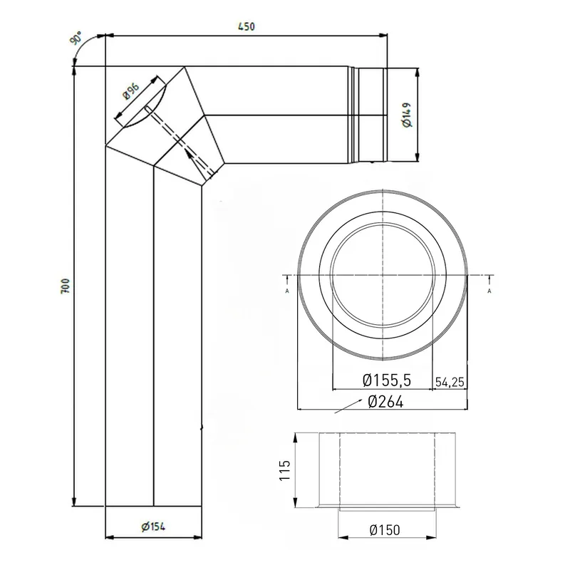 Raik set WBG LS diamètre 150/90° 2,00mm 3-pièces 700/450 avec porte intégrée gris