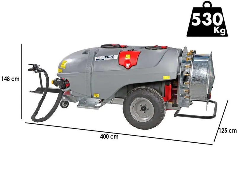 Atomiseur traîné Gray T Car 1500/80 avec attelage pour tracteur pour pulvérisation - Capacité 1500L - Pompe AR1064