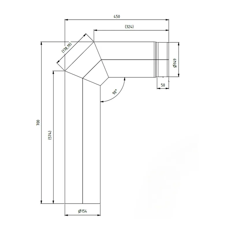 Raik coude LS diamètre 150/90° 2,00mm 3-pièces 700/450 gris
