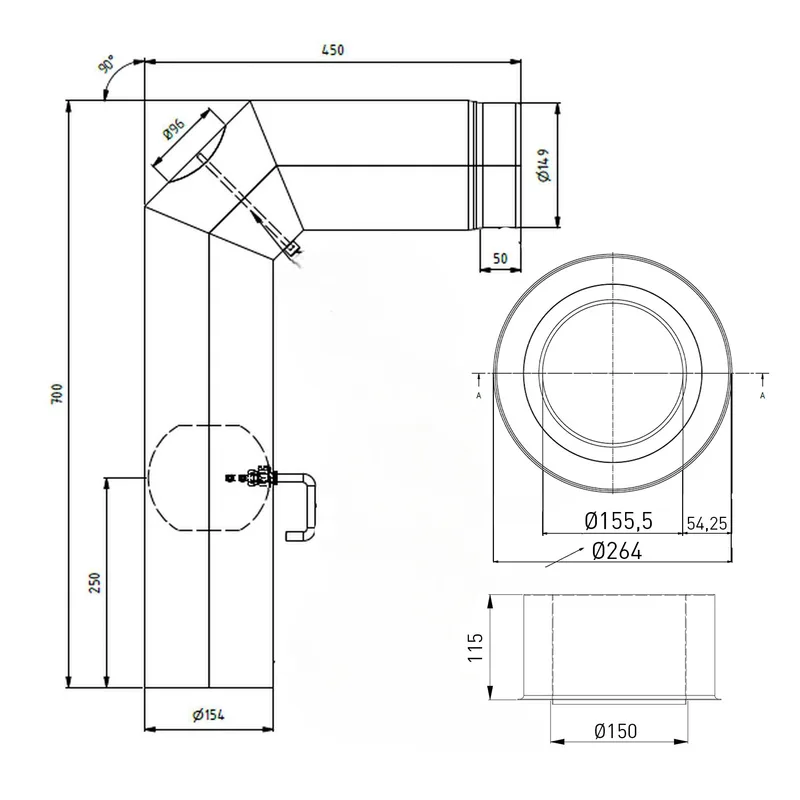 Raik set WBG LS diamètre 150/90° 2,00mm 3-pièces 700/450 avec porte intégrée avec modérateur de tirage noir