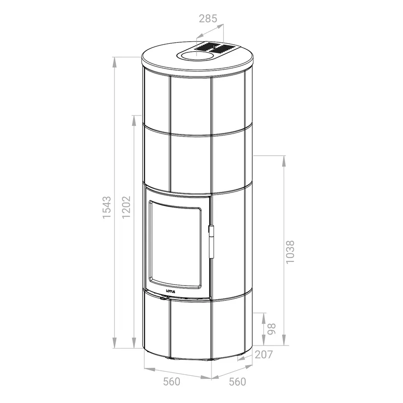 Poêle à bois Lotus Maestro 2 en stéatite, porte grise, évacuation des fumées par le haut