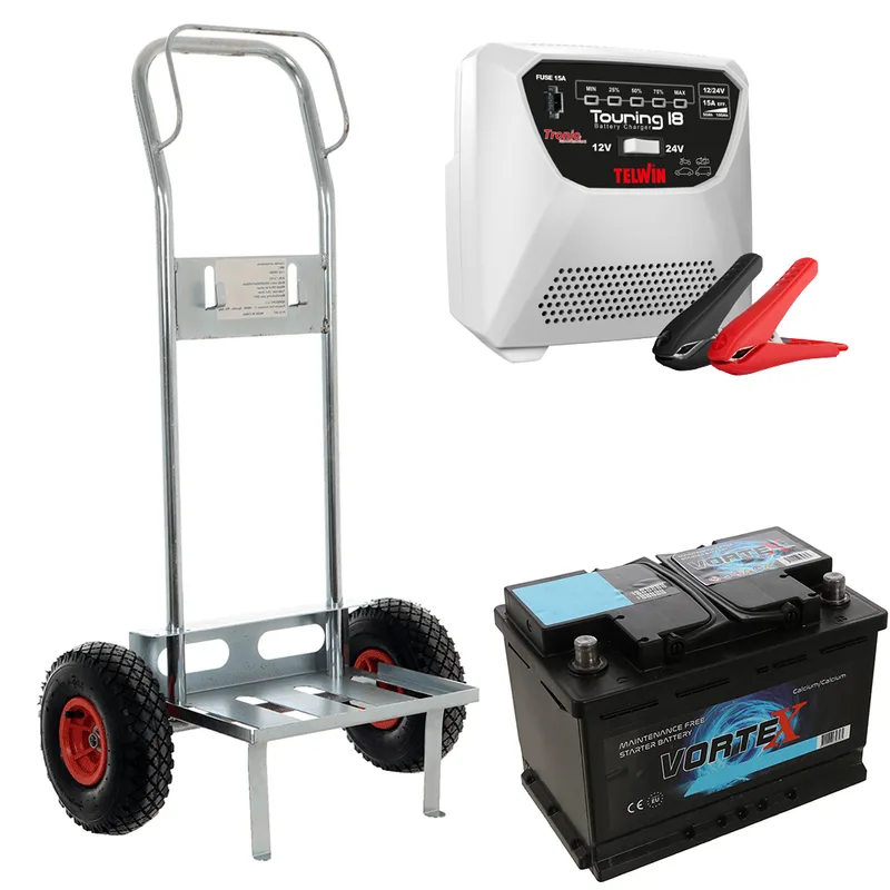 Set complet : chariot porte batterie Geotech + batterie 100 ah + chargeur de batterie Telwin Touring 18