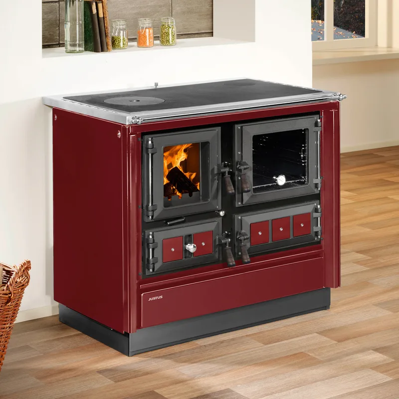 Justus Rustico-90 2.0 Poêle à bois en acier Bordeaux, four à droite