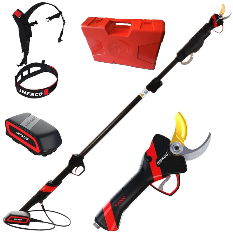 Sécateur électrique de taille Infaco F3020 sur perche de rallonge télescopique en carbone 147.5-212 cm - Batterie et sac à dos inclus - Diamètre de coupe 40 mm