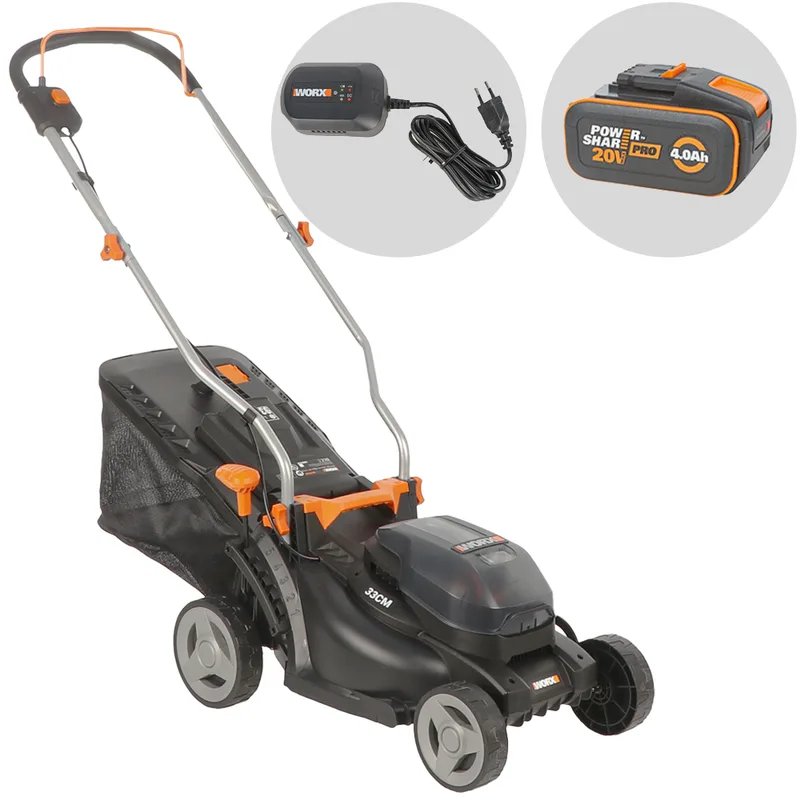 Worx WG733E - Tondeuse à batterie - 20 V/4 Ah - Largeur de coupe 33 cm