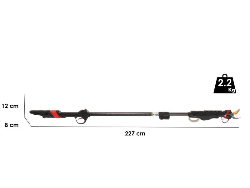 Sécateur électrique de taille Infaco F3020 sur perche de rallonge télescopique en carbone 147.5-212 cm - Batterie et sac à dos inclus - Diamètre de coupe 40 mm