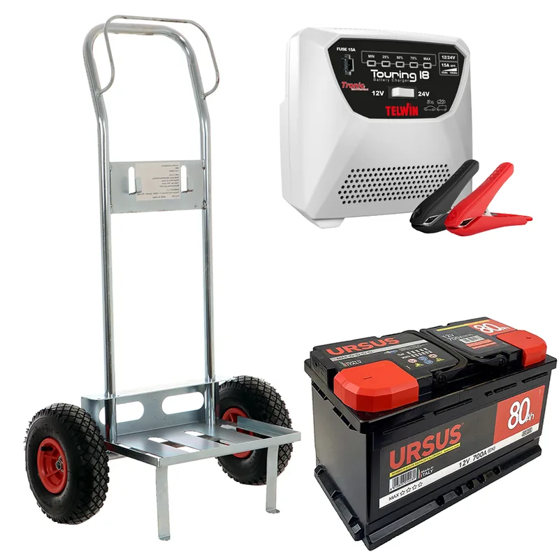 Kit complet : chariot porte batterie Geotech + batterie 80 ah + chargeur Telwin Touring 18