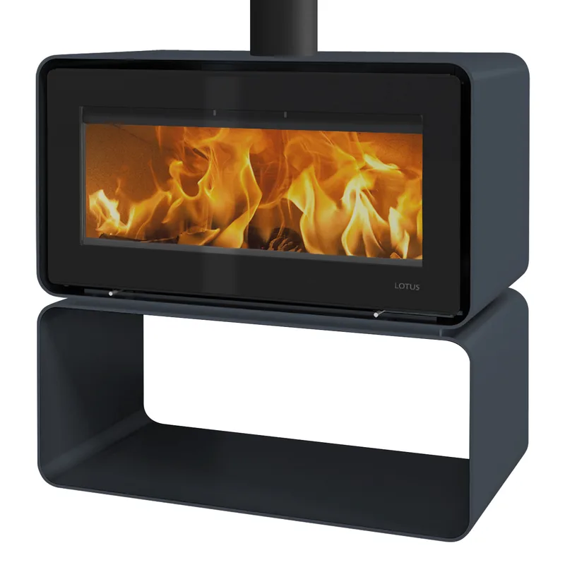 Poêle à bois Lotus Living Cube Ocean Dark, sortie de fumée par le haut