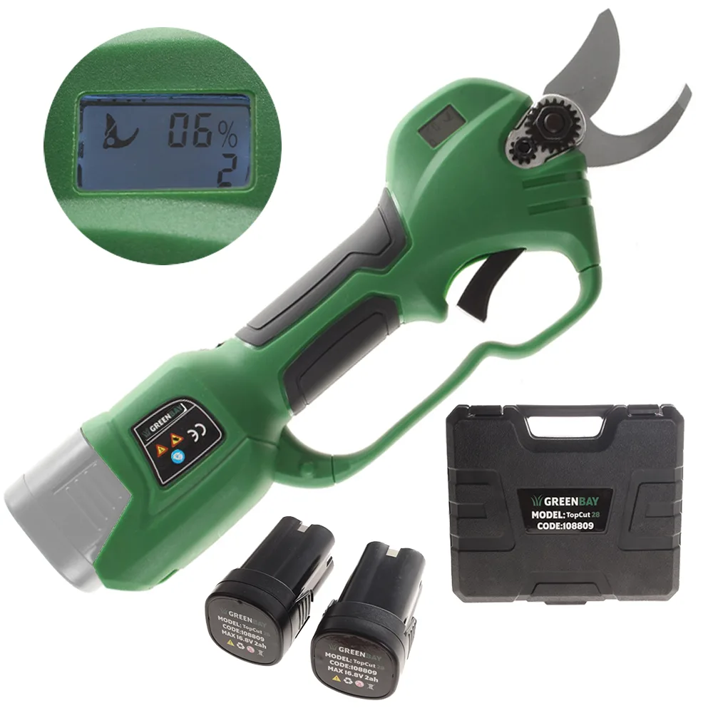 Sécateur de taille à batterie GreenBay TopCut 28 - 2 batteries de 16.8V - 2Ah - Diamètre de coupe 28 mm